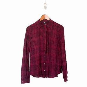 PAIGE Burgundy Plaid Button Up Neck Tie Shirt Size Medium NEW